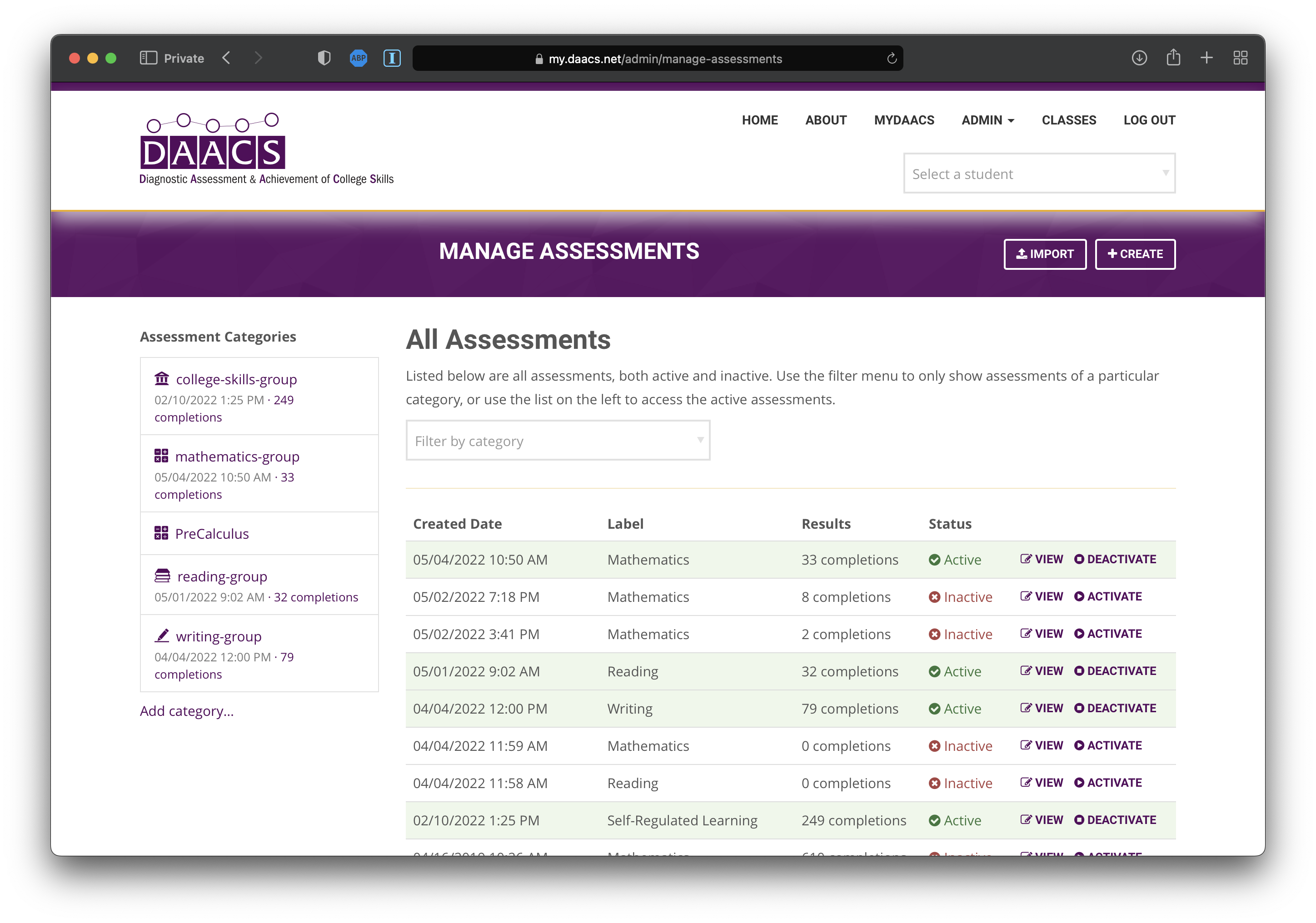 Admin Manage Assessments