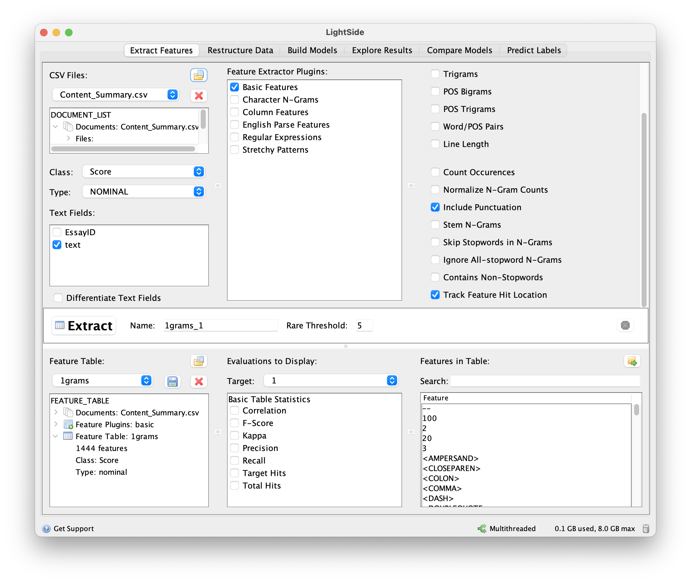 Lightside Extract Features